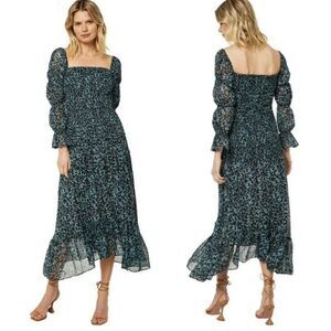 Misa Los Angeles Rashida Shimmer Teal Floral Patterned Midi Dress Size S